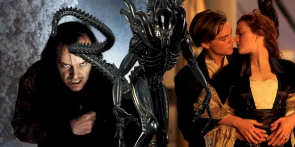 Colagem de Jack Nicholson em O Iluminado, um Xenomorfo de Alien, e Leonardo DiCaprio e Kate Winslet se abraçando em Titanic