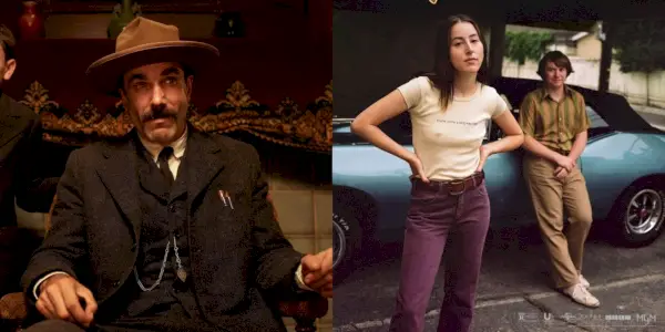 Geteiltes Bild, das Daniel in „There Will Be Blood“ und Alana und Gary in „Licorice Pizza“ zeigt.