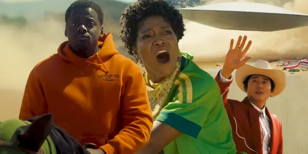 תמונה מפוצלת של Daniel Kaluuya, Keke Palmer ו-Steven Yeun ב-Nope