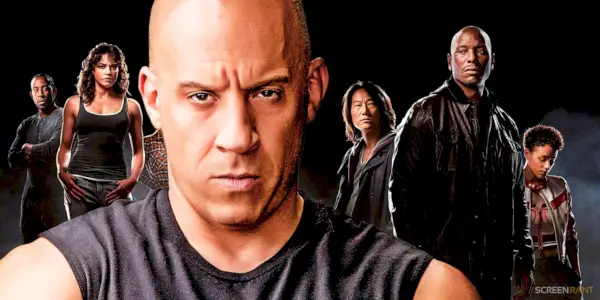 Uma imagem mesclada apresenta Vin Diesel como Dom sobrepondo outros membros do elenco da franquia Velozes e Furiosos