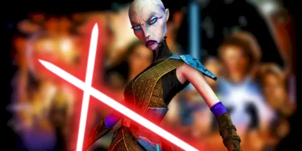 스타워즈: 클론 전쟁에서 빨간색 광선검을 휘두르는 Asajj Ventress 뒤에 있는 스타워즈 속편 포스터의 흐릿한 이미지