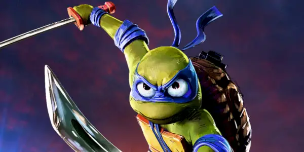 Plakat z postacią Leonarda z filmu Wojownicze Żółwie Ninja: Mutant Mayhem