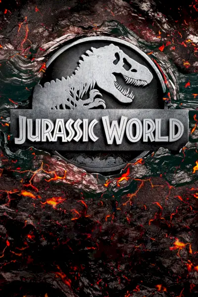 Plakat filmowy Jurassic World przedstawiający logo dinozaura zakopanego w lawie