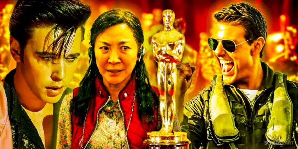 Austin Butler ve filmu Elvis, Michelle Yeoh ve filmu Všechno všude a najednou a Tom Cruise ve filmu Top Gun: Maverick před sochami Oscara