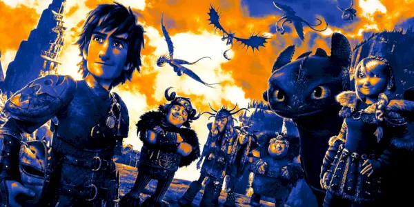 I personaggi di Dragon Trainer stanno insieme in un'immagine promozionale con un filtro blu e arancione sopra