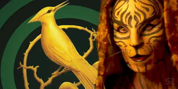 Una imagen combinada muestra la obra de arte del libro La balada de pájaros cantores y serpientes junto a Tigris en Los juegos del hambre: Sinsajo Parte 2