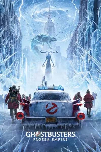 Pôster de Ghostbusters Frozen Empire apresentando a tripulação saindo do Ecto 1 e enfrentando criaturas de gelo em Nova York