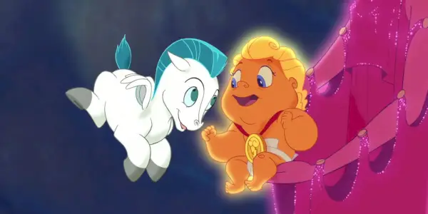 Baby Hercules og baby Pegasus smiler til hverandre i Disney