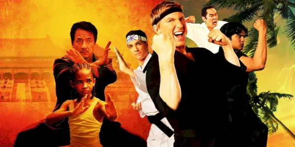 Na zmiešanom obrázku sú hviezdy Karate Kid 2010 Jackie Chan a Jaden Smith spolu s hviezdami Cobra Kai Ralph Macchio, William Zabka, Xolo Mariduena a Yuji Okumoto.