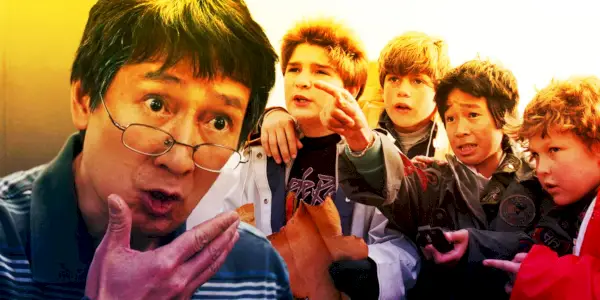 Colagem de Ke Huy Quan em Everything Everywhere All At Once e depois em The Goonies com Corey Feldman, Sean Astin e Jeff Cohen
