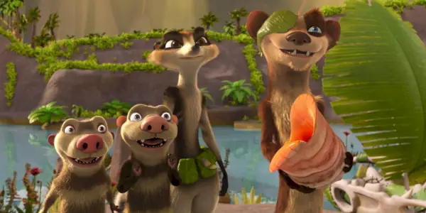 The Ice Age Adventures of Buck Wild에서 Buck Wild가 껍질을 들고 있는 동안 다른 야생 동물들이 지켜보고 있습니다.