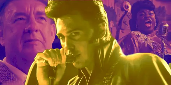Collage af oberst Tom Parker, Elvis Presley og Big Mama Thornton i Elvis.