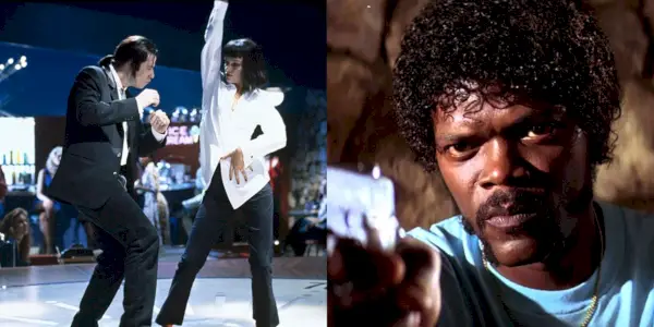 Rozdelený obraz Vincenta a Mie tancujúcich a Julesa držiaceho zbraň v Pulp Fiction