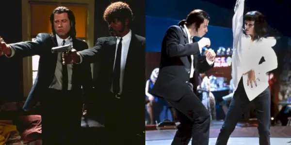 Rozdelený obraz Vincenta a Julesa držiaceho zbrane a Vincenta a Miu tancujúcich v Pulp Fiction