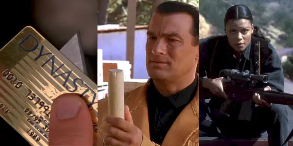 Geteiltes Bild einer Kreditkarte, Steven Seagal und einer Frau mit einem Scharfschützengewehr