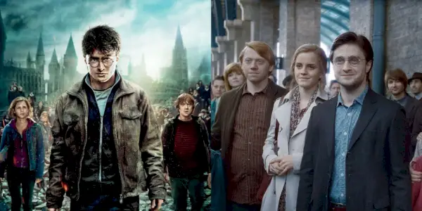 Imagen dividida de Harry Potter en la Batalla de Hogwarts y un envejecido Trío Dorado en King