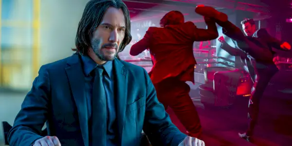 Keanu Reeves como John Wick ao lado da luta de John Wick