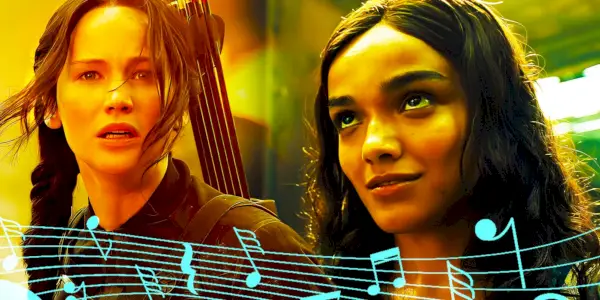 Ein geteiltes Bild von Jennifer Lawrence als Katniss Everdeen in „Die Tribute von Panem“ und Rachel Zegler als Lucy Gray Baird in „Die Ballade der Singvögel und Schlangen“ mit Musiknoten darüber