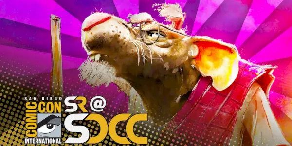 תמונה זו מציגה את Splinter מ-TMNT Mutant Mayhem עם הלוגו של סן דייגו Comic-Con.