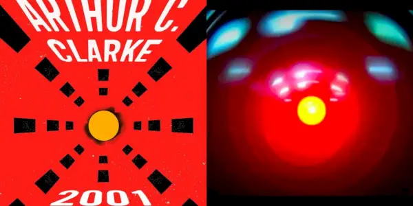 Imagens lado a lado da capa do livro de 2001 Uma Odisséia no Espaço e um still de HAL 9000.