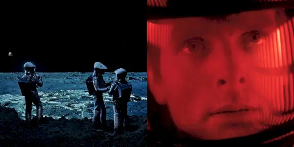 Astronautas na Lua e Dave no espaço em 2001 Uma Odisseia no Espaço
