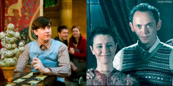 Neville con il suo Mimbulus Mimbeltonia accanto all'immagine dei suoi genitori di Harry Potter