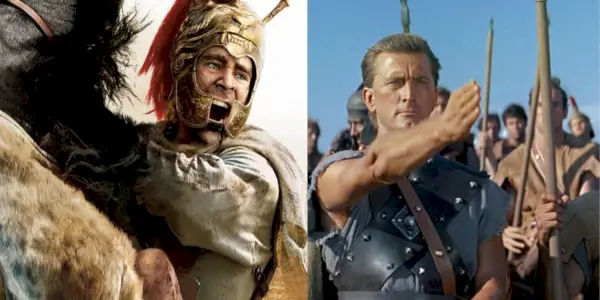 Alexander에서 말을 타고 있는 Colin Ferrell과 Spartacus에서 손을 가리키는 Kirk Douglas의 분할 이미지