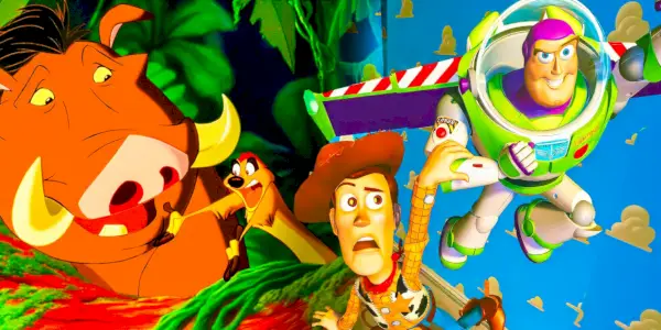 Kolaż przedstawiający duety Disneya Timona i Pumbę z „Króla Lwa” oraz Chudego i Buzza z „Toy Story”