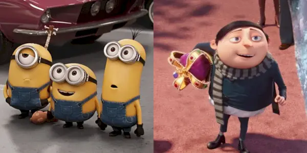 Delt billede, der viser Minions og unge Gru i Minions-