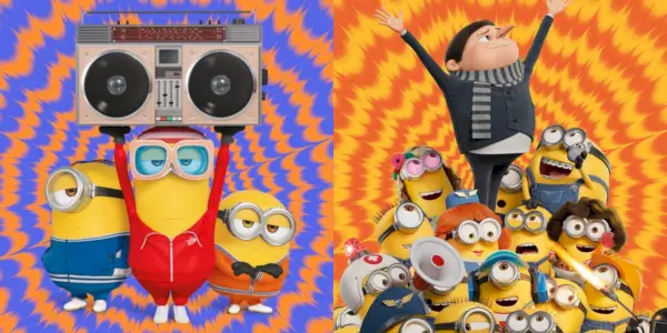 Delt billede, der viser håndlangere og unge Gru i Minions: The Rise of Gru.