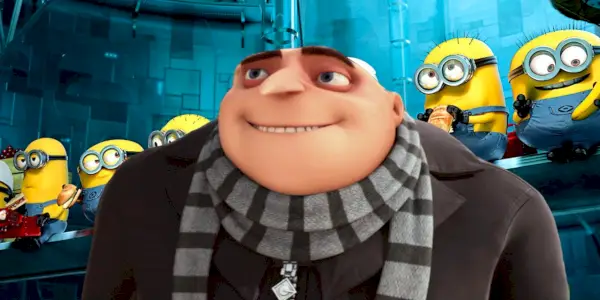 Collage af Minions, der står bag Gru