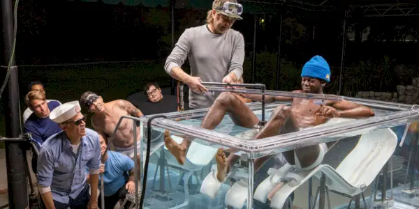 Jasper está sentado em um copo de água transparente em Jackass Forever.
