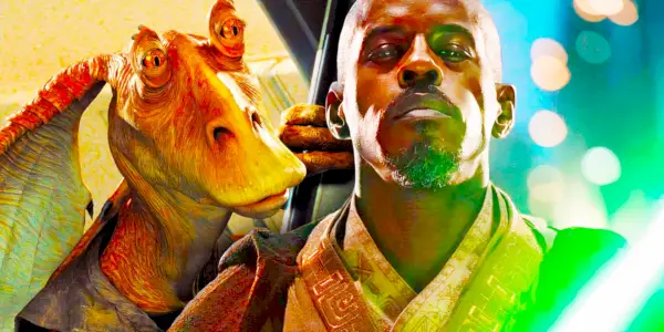Ahmed Best sebevědomě pózuje jako Kelleran Beq, upravený Jar Jar vypadá stydlivě