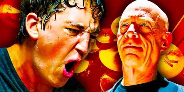 Collage di Miles Teller mentre Andrew urla e J.K. Simmons nei panni di Fletcher che sorride maliziosamente in Whiplash.