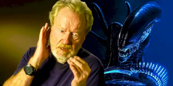 Una imagen compuesta de Ridley Scott en una entrevista superpuesta a un extraterrestre de la franquicia Alien.