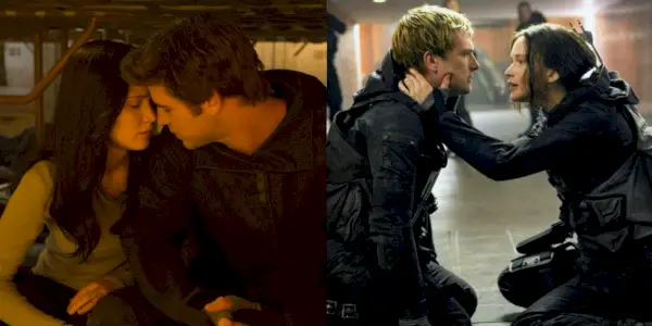 Na rozděleném obrázku jsou Katniss a Gale spolu s Peetou a Katniss ve franšíze The Hunger Games.