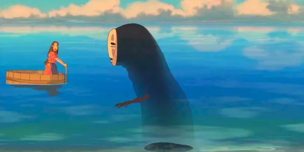 Lin kričí na No-face zo svojej lode v Spirited Away