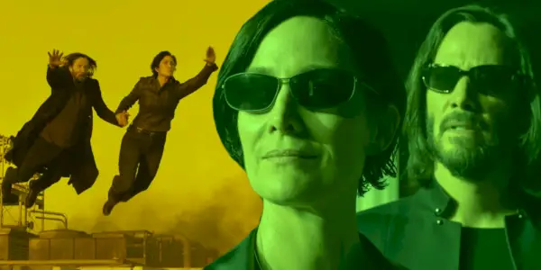 Neo (Keanu Reeves) e Trinity (Carrie-Anne Moss) in Matrix Resurrections.