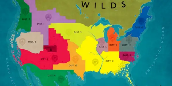 Os distritos de Panem em um mapa da franquia Jogos Vorazes.