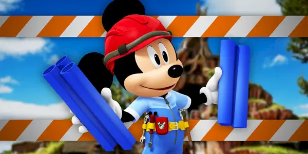 Topolino indossa un completo da cantiere davanti a un'immagine di Splash Mountain