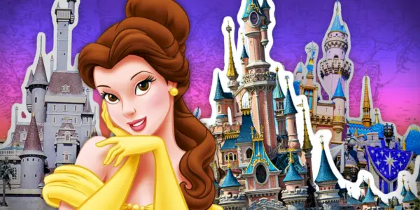 Un'immagine di Belle del film La Bella e la Bestia davanti ai castelli di Disneyland