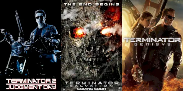 תמונה מפוצלת המציגה את כרזות ה-Mive עבור Terminator 2, Terminator Salvation, & Terminator Genysis.