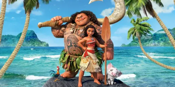 Hei hei, Maui, Moana i jej świnia na tratwie w Disneyu