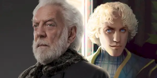 Obraz prezidenta Snowa z filmů Hunger Games a umění mladého Coriolanuse Snowa v pozadí.