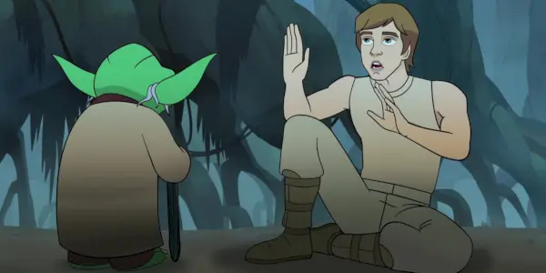 Yoda snakker med Luke Skywalker i Star Wars: Forces of Destiny sesong 2 episode 7