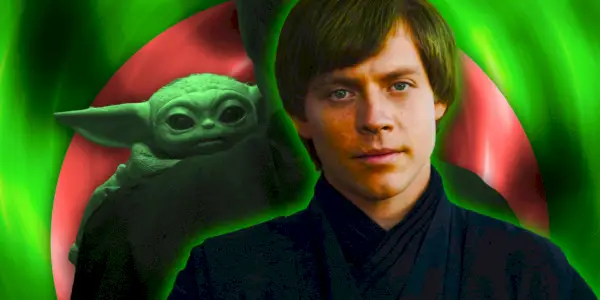 Luke Skywalker i The Book of Boba Fett med Grogu som ser over skulderen i The Mandalorian