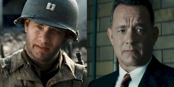 Rozdělený obraz Toma Hankse jako kapitána Millera ve filmu Zachraňte vojína Ryana a Jamese B Donovana ve filmu Bridge of Spies