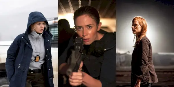Geteiltes Bild von Elizabeth Olsen in Wind River, Emily Blunt in Sicario und Jessica Chastain in Zero Dark Thirty