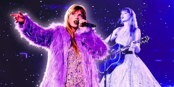Taylor Swift esegue Lavender Haze in un collage con Taylor Swift che suona la chitarra dal film The Eras Tour