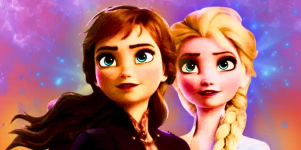 Anna og Elsa fra Frozen foran en stjernebelyst bakgrunn